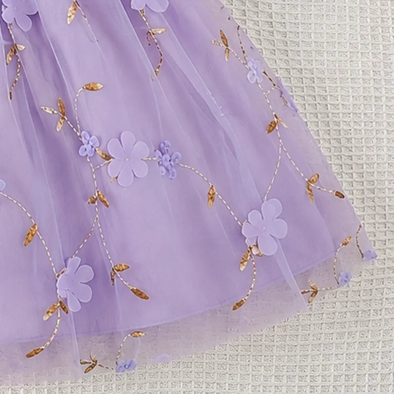 Kids Girls Purple Birthday Cake Print Tulle Dress 3D Floral Embroidery Ruffle Sleeve Party Princess Dress