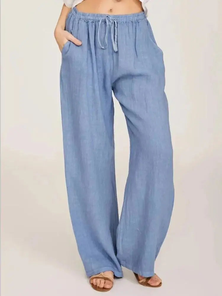 Women's Cotton Linen Pants Casual Loose Solid Elastic Waist Pocket Straight Trousers Ladies Oversize Wide Leg Pant Streetwear