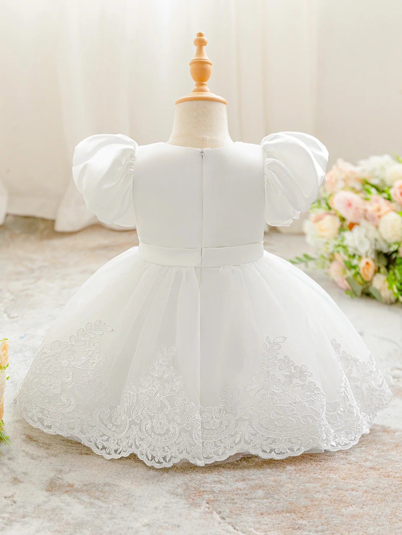 Baby Girls Cute Bow Lace Embroidered Mesh Ball Gown Clothes Infant Birthday Dress Wedding Toddler Princess Party Baptism Frock