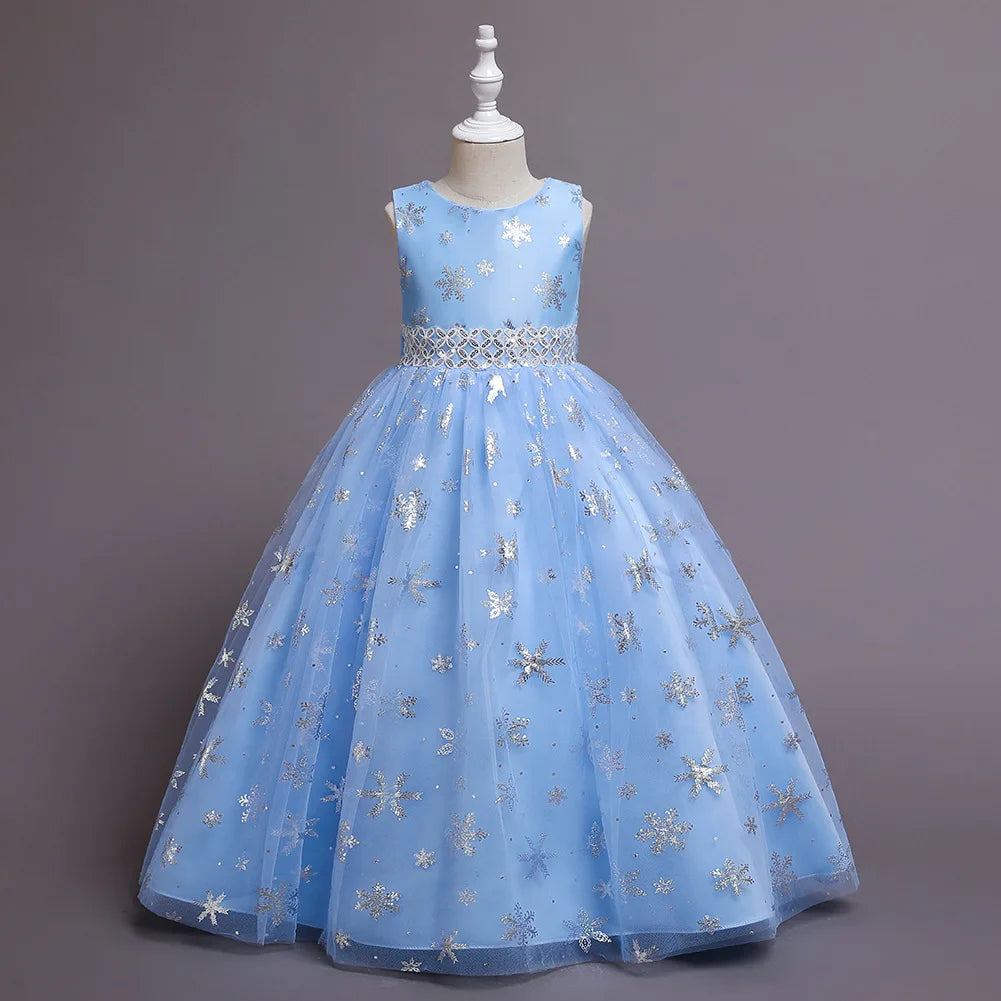 Long Children Dress Long Bridesmaid Girls Dresses Snowflake Kids Princess Wedding Dress Birthday Party 10 12 14 Years