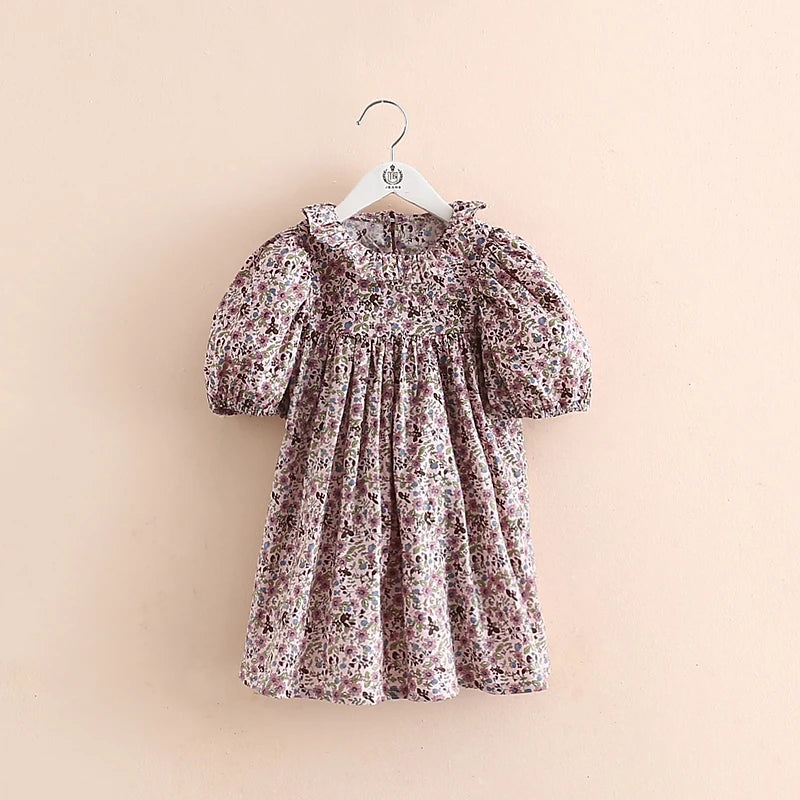 2025 New Fashion Summer 2 3 4 6 8 10 12 Years Children Short Sleeve Full Print Floral Flower Cotton Dresses For Baby Kids Girls