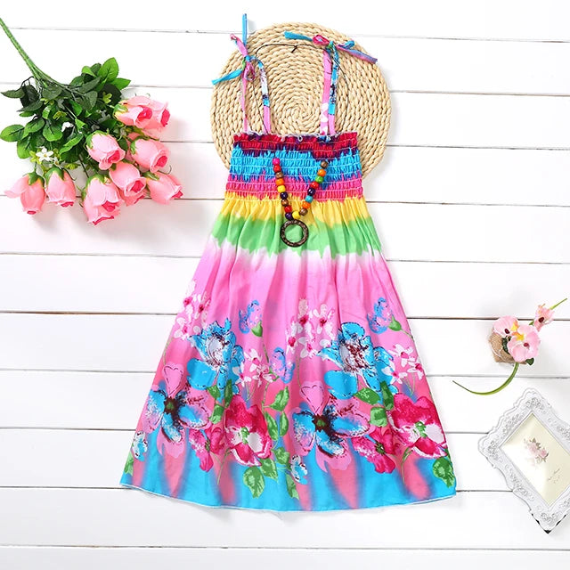Summer Girls New Floral Dress Sling Ruffles Bohemian Beach Princess Dresses for Girl Clothing 2 6 8 12 Years With Necklace Gift