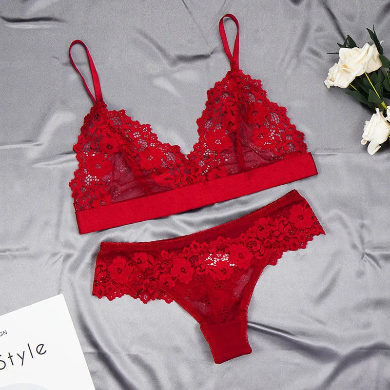 Women's Ultra-thin Cup Mesh Lace Underwear Set Transparent Bras Beauty Back Hollow Embroidery Bra & Brief Sets