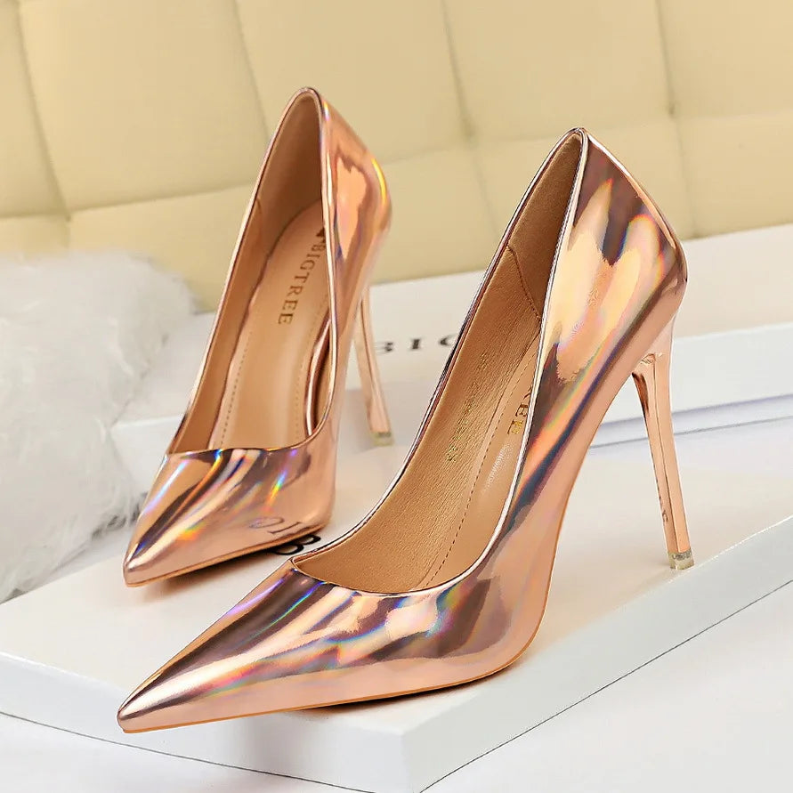 Metal Heel with High-Heeled Shiny Patent Leather Shallow Mouth Pointed Sexy Sexy Nightclub Was Thin Heels Wedding Shoes Banquet