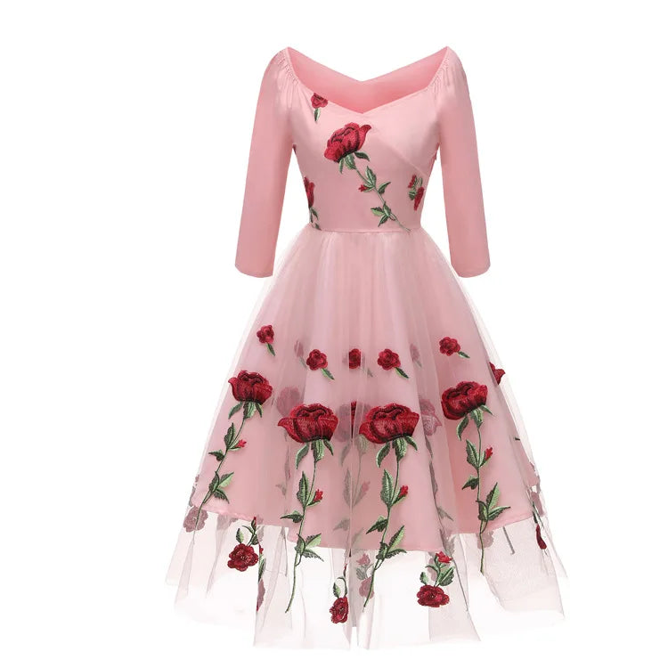 Christmas Rose Embroidery Vintage Dress Slash Neck 3/4 Sleeves Wrap High Waist Swing Dress 60s Retro Black Mesh Party Vestidos