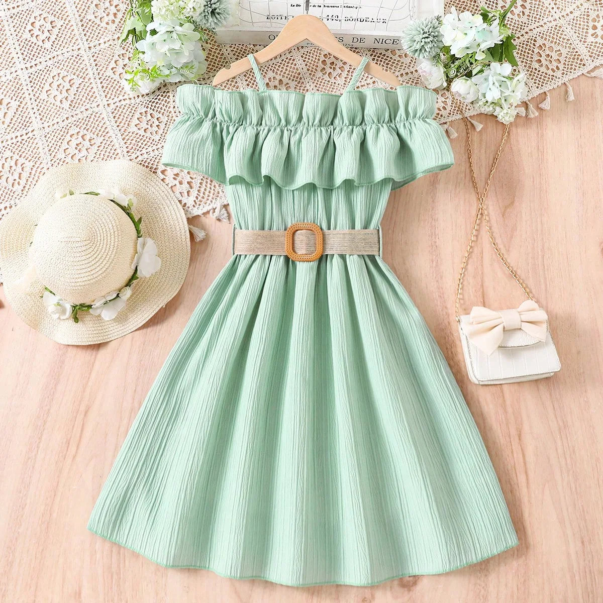 Summer Girl Dress Off Shoulder Fashion Girl Clothes Teenager Beach Dress with Belt Kid Outfits Children Clothing Plus Size Teens