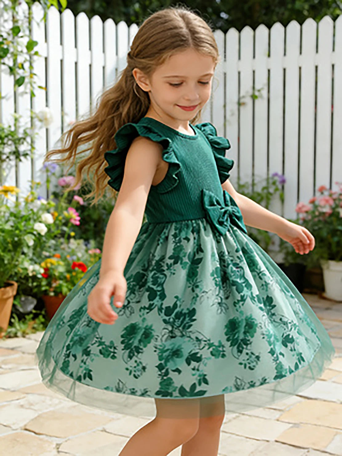 Little Girls Green Gradient Princess Dress, Summer Floral Print Tutu Skirt, Kids Pastoral Style Daily Dress