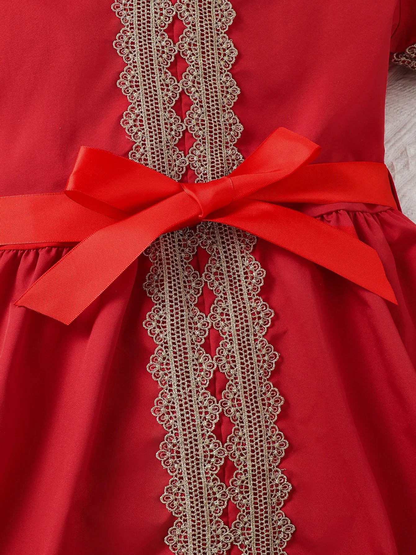 Middle East Girls Summer Floral Lace Short Sleeve Dress with Belt Casual Daily Wear Red Ethnic Style Children's Clothing
