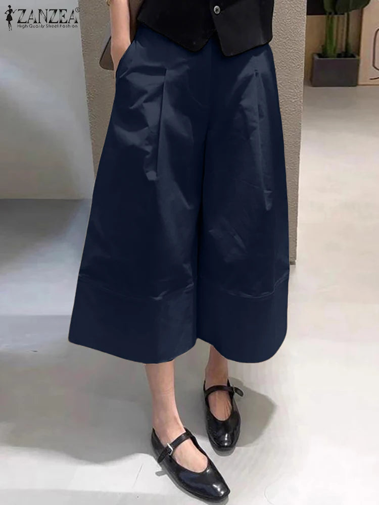 ZANZEA 2026 Women Casual Calf-Length Pants Elastic Back Waist Solid Color Wide-Leg Cropped Pant Autumn Loose Cozy Woman Bottoms