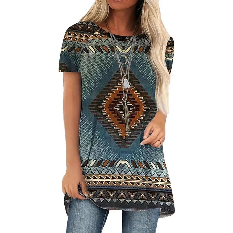 Western Ethnic Style T-shirt 3D Print Geometry Streetwear Women Retro Tunic T Shirts Y2K Tops Tees Woman Girl Oversized Clothing