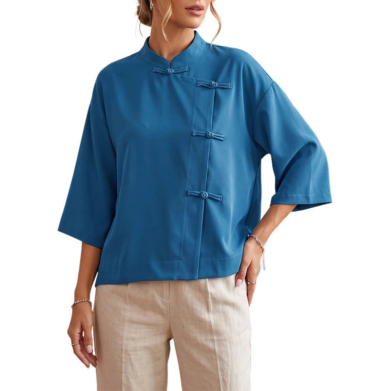 ZANZEA Plus Size 5XL Woman Vintage Shirts Mandarin Collar Frog Buttons High-Low Blouse Chinese Style Casual Solid Daily Wear Top