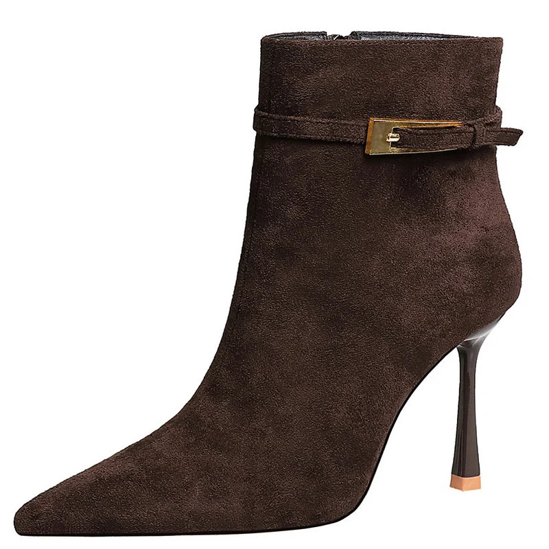 Fashion Sexy High-Heeled Boots Women Shoes Belt Buckle Side Zipper Ladies Ankle Boots Pointed Suede Women Boots Stilettos 9 cm