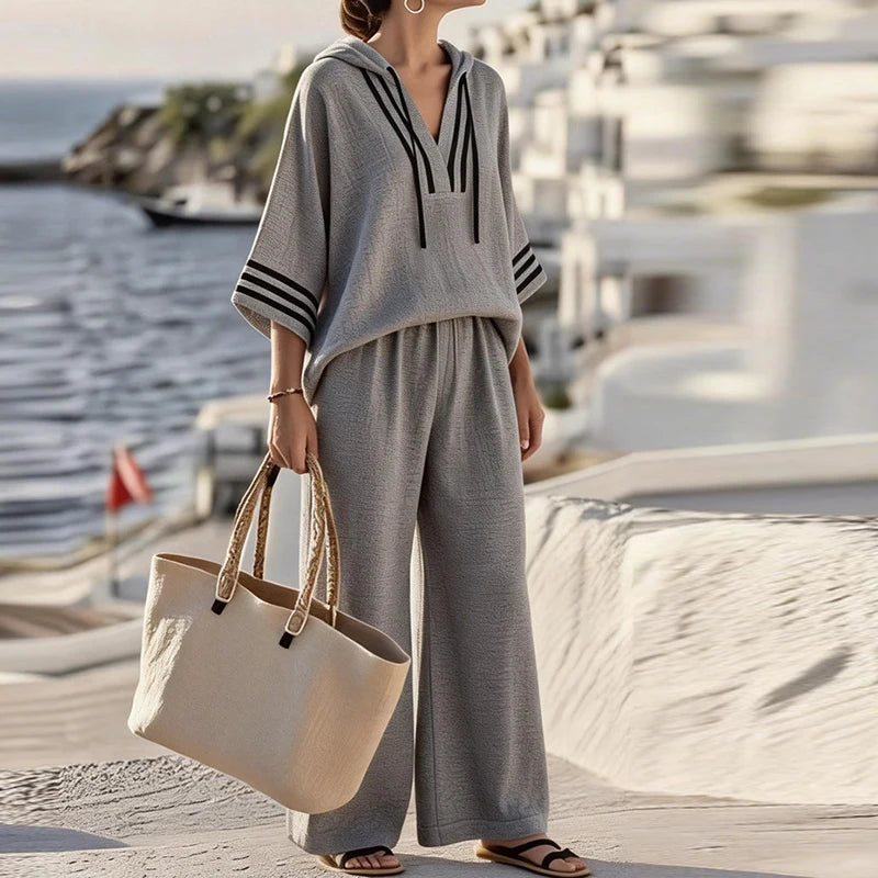 Summer Striped Printed 3/4 Sleeve Hoodies Shirt High Waist Wide Leg Pants Suit Women Casual Loose Two Piece Set Female Tracksuit