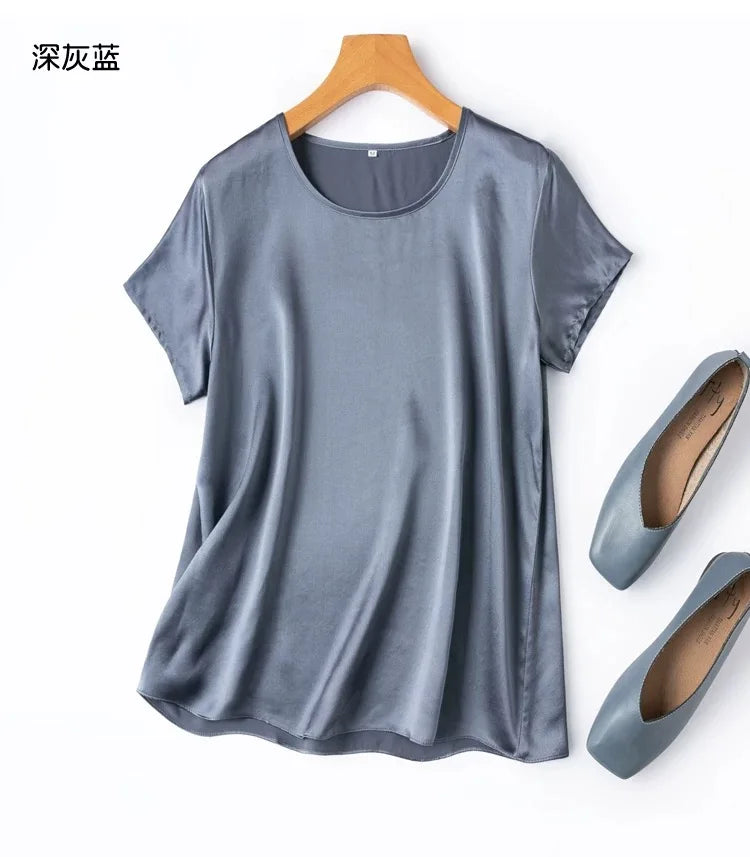 ZVAQS 100% Mulberry Silk T Shirts Woman Elegant Satin T Shirt 27 Colors High Quality Silk Summer Tops 2025 Women Clothing Топ