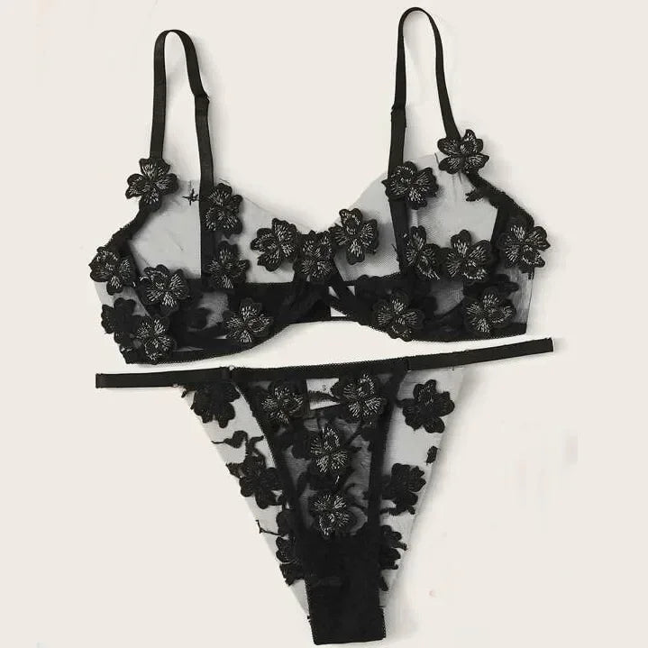 Toucheart Sexy Lingerie Set Transparent Feminine Sweet Mesh Embroidered Lace Bra Flower Applique Transparent Lingerie Women Kit