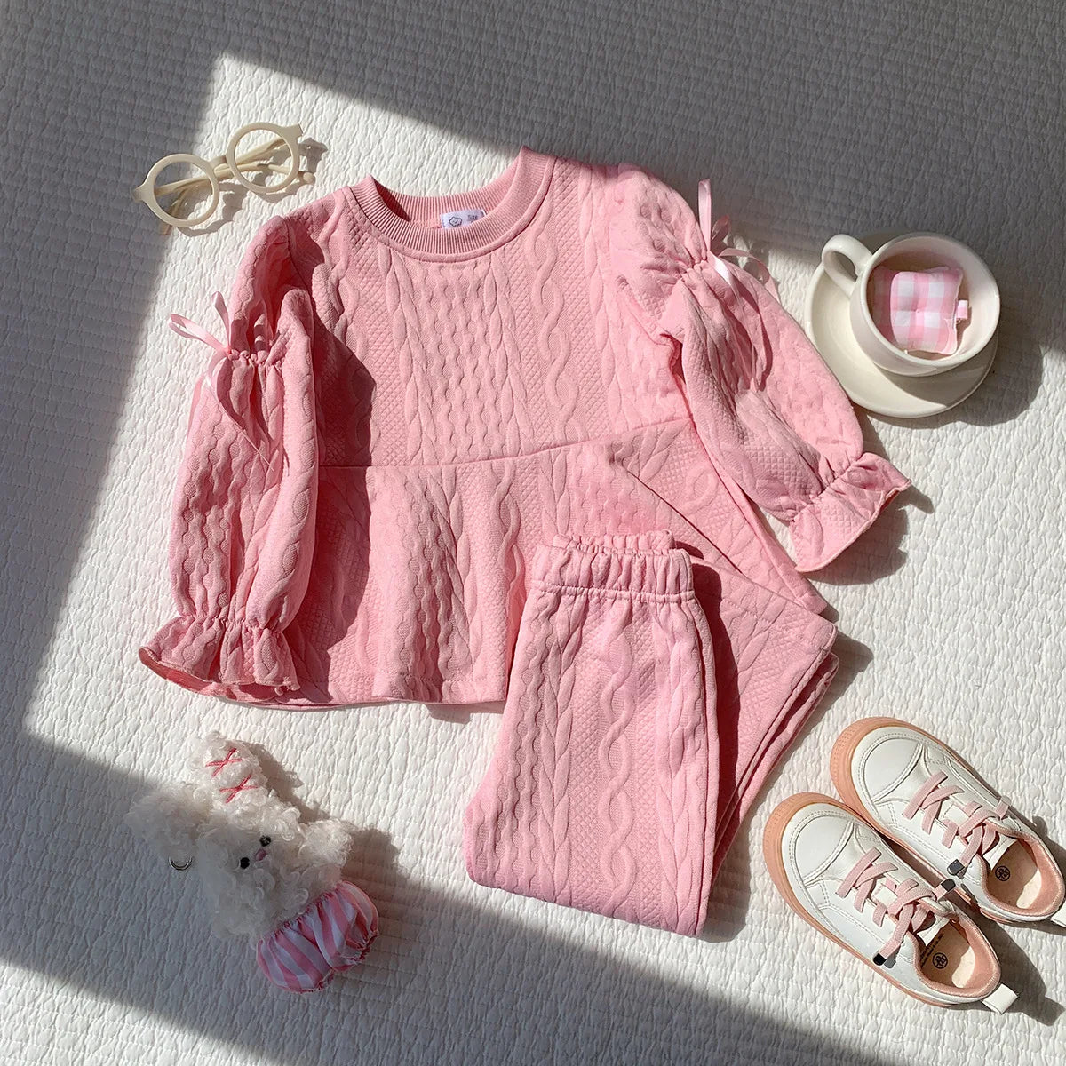 2026 Autumn New Children Long Sleeve Clothes Set Girls Cute Bow Loose Tops + Flared Trousers 2pcs Suit Kids Girls Outfits