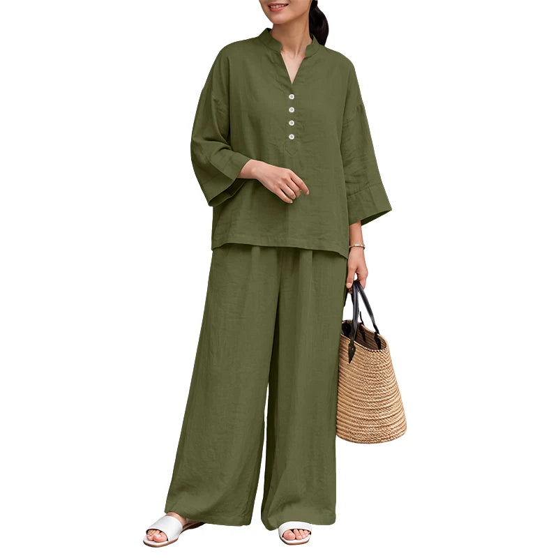 ZANZEA Women Casual Loose Pant Sets V-Neck Long Sleeve Blouse & Wide Leg Pant 2 Piece Matching Sets Autumn Daily Wear Co-ords