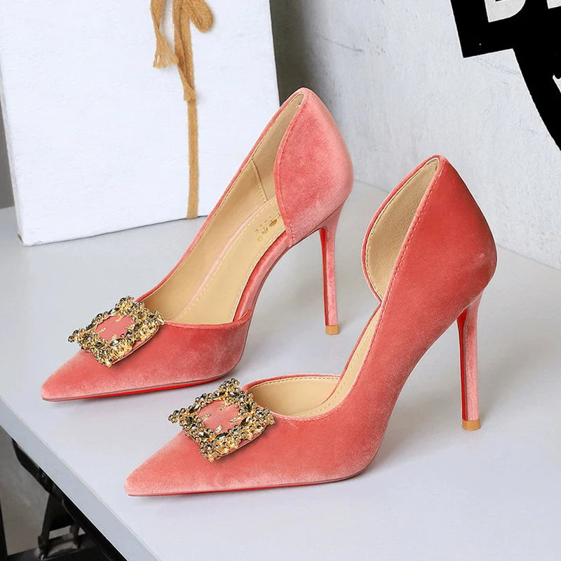 BIGTREE Shoes Rhinestone Women Pumps Metal Square Buckle High Heels Suede Side Empty Ladies Shoes Stiletto Heels 10 cm 7.5 cm