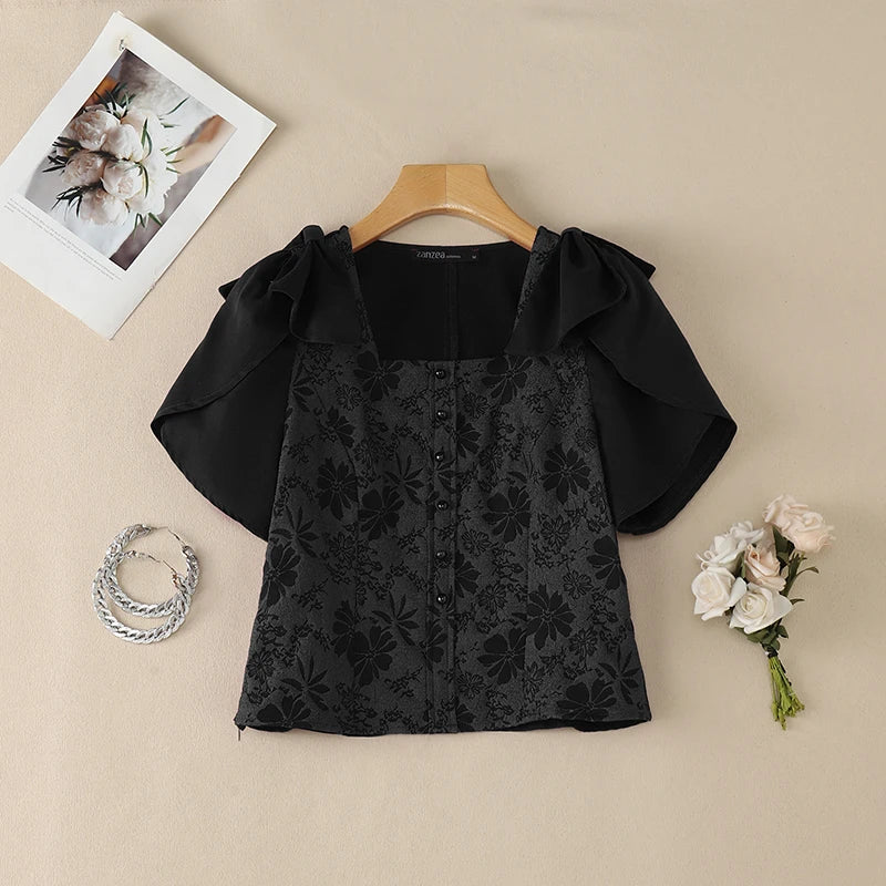 ZANZEA Woman Elegant Floral Jacquard Blouses Square Neck Petal Sleeves Bow Details Short Tops Summer Feminine Blusas de Mujer