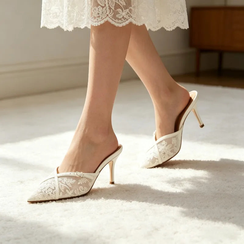 Embroidered Mesh Mules Sandals Women Sexy Pointed-toe Stilettos Slippers for Ladies Breathable High Heels Elegant Party Shoes