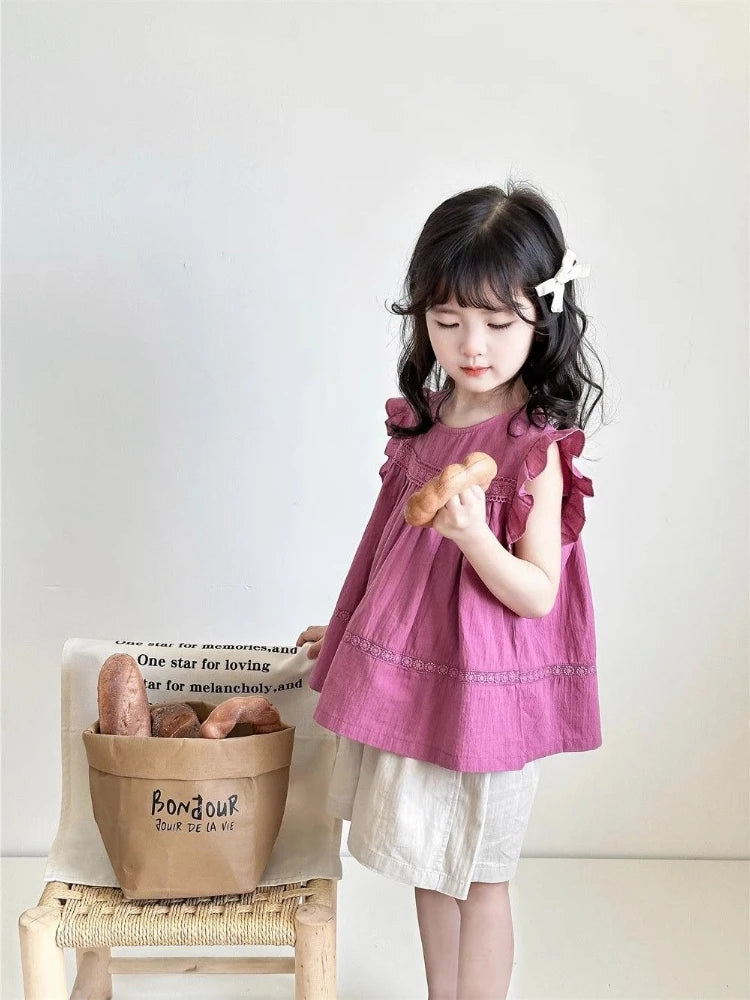 Girls Korean Fashion Summer Blouse Puff Flutter Sleeve Babydoll Shirt Elegant Casual Top Kids Cute Stylish Clothes for Toddler