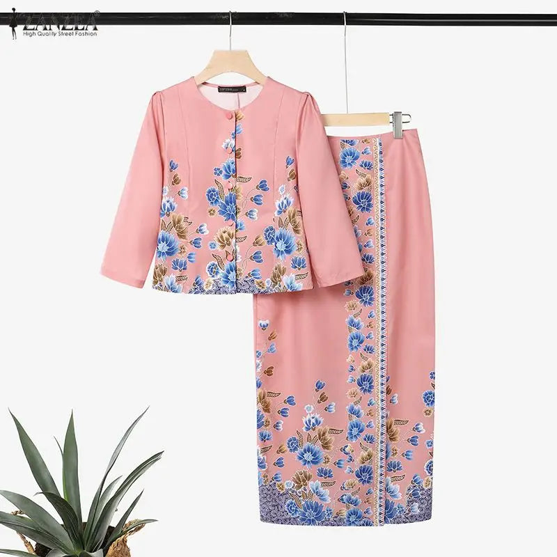 ZANZEA Autumn Outfits Dress Sets Floral Print Elegant 3/4 Sleeve Buttons Up Tops With A Line Skirt Two Piece Sets Oversize