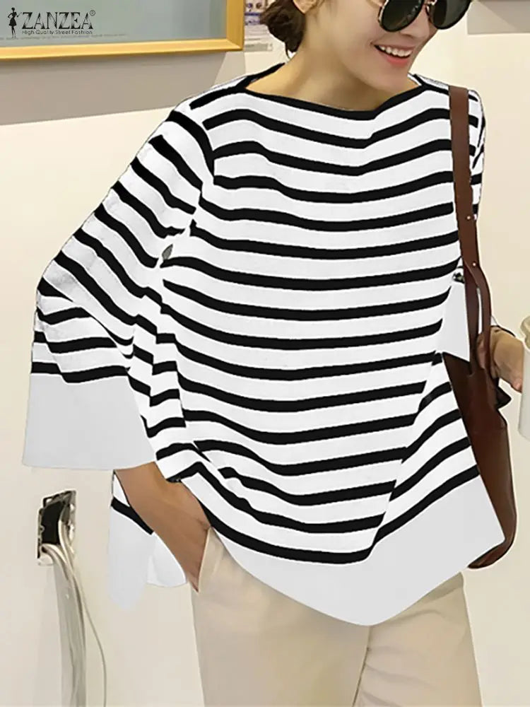 ZANZEA Fall 2025 Women's Striped T-Shirts Loose Boatneck 3/4 Sleeve Side Slit Tees Woman Everyday Casual Wear Streetwear S-3XL