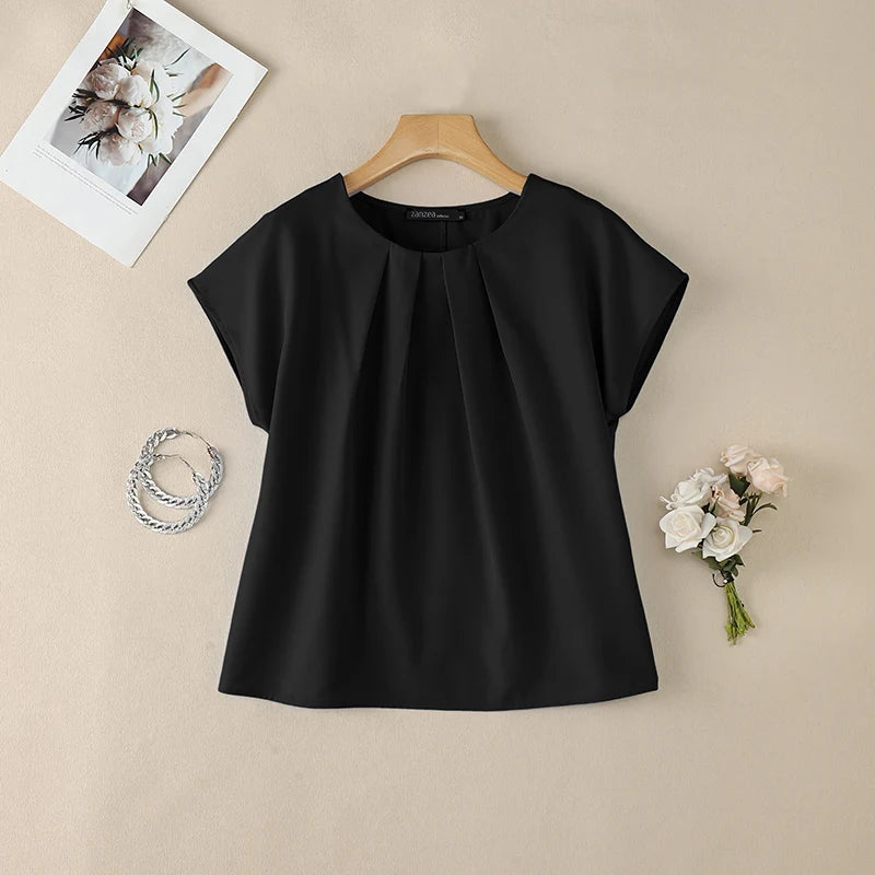 ZANZEA Women Summer Short Sleeve Blouses Casual Chic O-Neck Pleated Front Solid Color Tops Minimalist Loose Blusas de Mujer