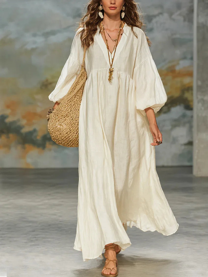 V Neck Puff Sleeve Linen Maxi Dress, Multi Color Loose Flowy Boho Dress for Women, Breathable Casual Beach Vacation Outfit