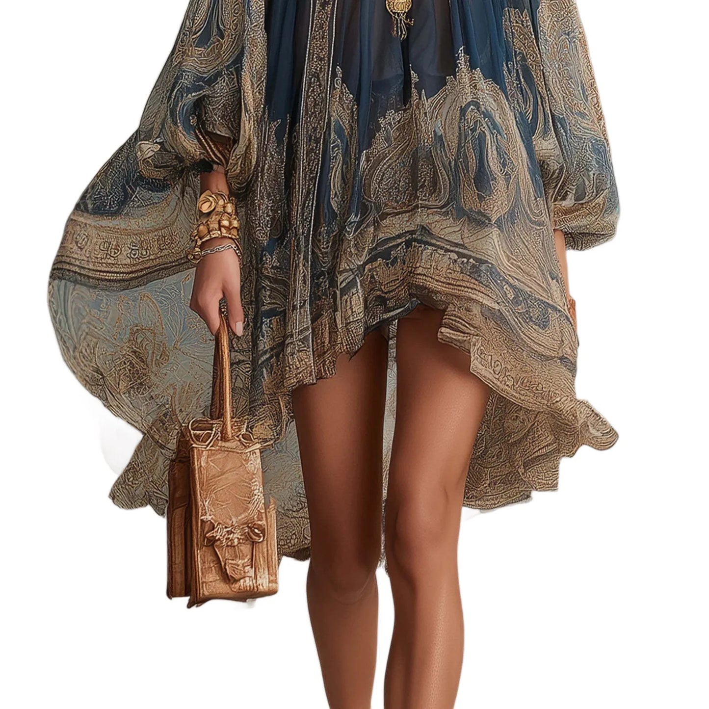 2026 hot European and American turtleneck printed chiffon dress loose vacation style shawl long-sleeved women's dress