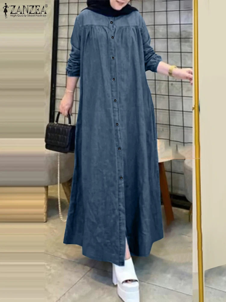 ZANZEA Ramadan Hijab Dresses Muslim Abaya Robe Femme Casual Long Sleeve Kaftan IsIamic Vestidos Women Denim Blue Maxi Dress 2025