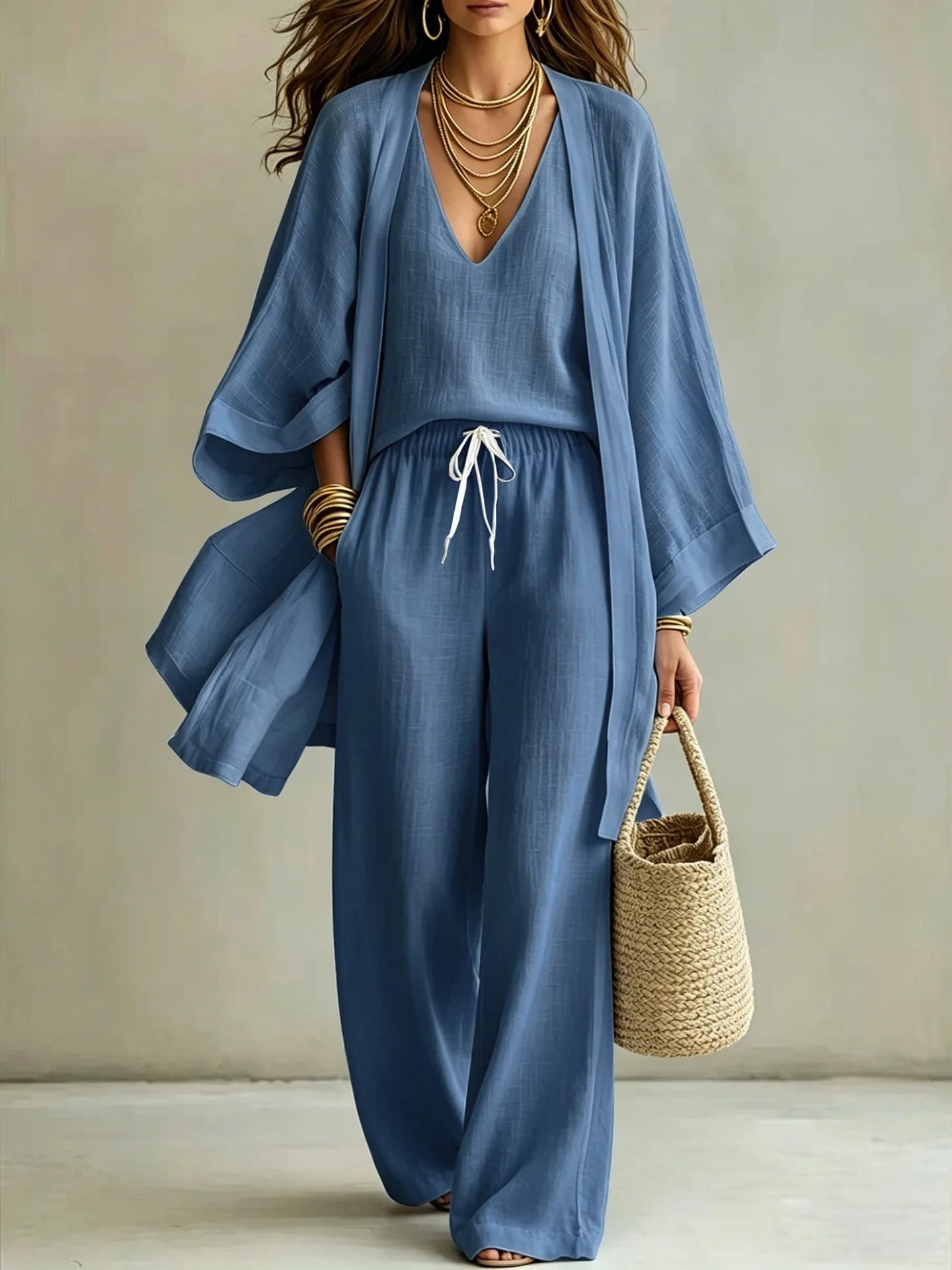 Women Fashion 3-Piece Set Open Front Cardigan Wide Sleeves Matching V-Neck Vest Drawstring Waist Wide Leg Pants Casual Outfit