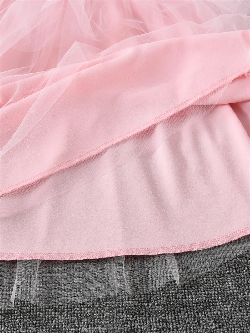 Kids Autumn 3D Flower Bow Dresses Children Princess Style Long Sleeve Mesh Puff Skirt Girls Birthday Party Performance Dress
