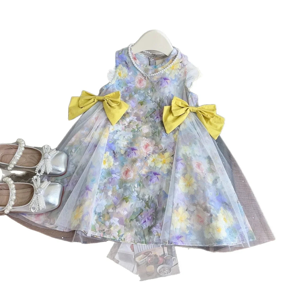 Girls Casual Dresses Floral Printed Dress Bow Mesh Stitching Princess Dress Flower Girl Dresses Princess Dress for Girls