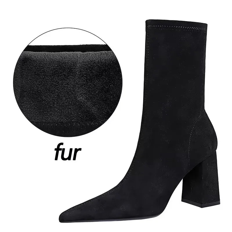 BIGTREE Shoes High Heel Boots Suede Women Ankle Boots Pointed Toe Socks Boots Thick Heel Women Shoes Warm Winter Boots Size 43