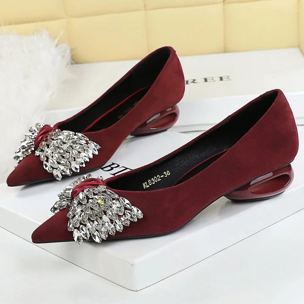 BIGTREE Shoes Rhinestone Bow Low Heeled Women's Shoes Hollow Heel Design Women Pumps Professional Suede Office Shoes Fashion