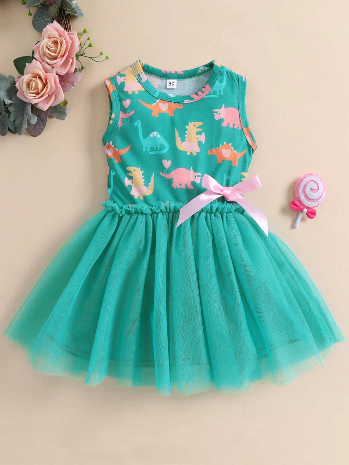 Summer Toddler Girls Dress Cute Cartoon Dinosaur Print Sleeveless Tank Dresses with Bow Mesh Tulle Tutu Skirts Kids Outfits 1-6Y