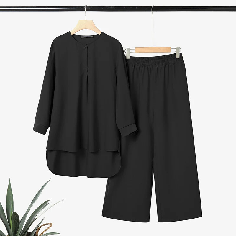 ZANZEA Women 2026 Spring Matching Sets Fahion Long Sleeve Tops Pant Sets Muslim Ramadan Outfits Elegant Solid OL Work Tracksuit