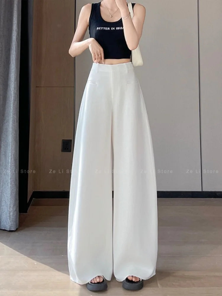 Summer 2026 New Style Women's Linen Wide Leg Suit Pants Thin Ice Silk Sun Protection High Waist Casual Straight Floor
