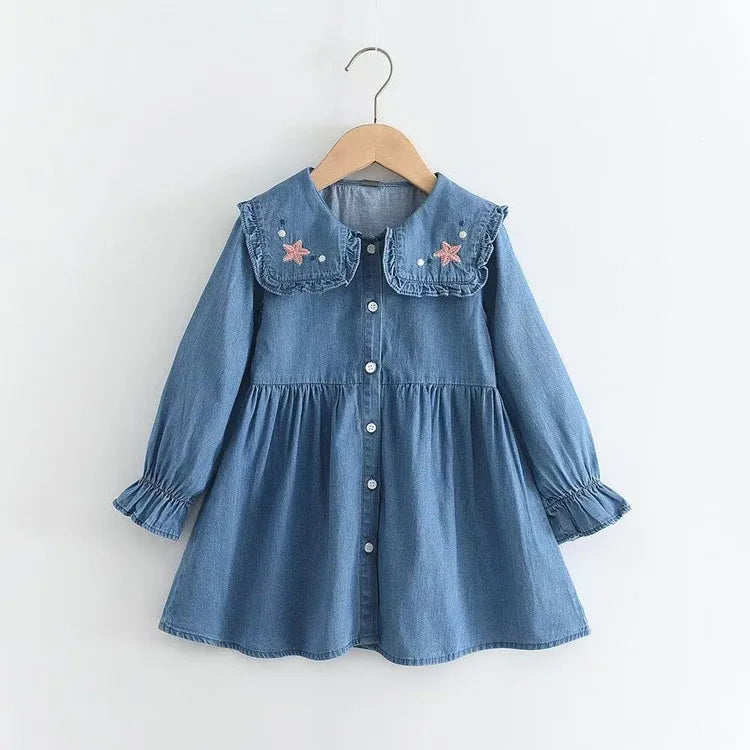 2026 Spring Autumn New 3 4 6 8 10 12 Years Embroidery Flower Long Short Sleeve Double Use Denim Blue Kids Girl Dress With Belt