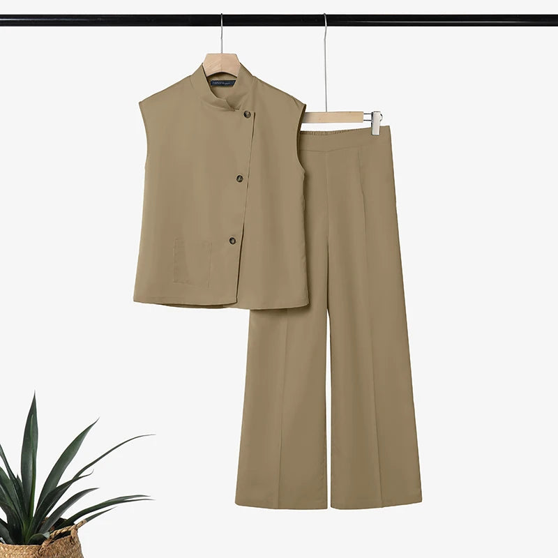 ZANZEA Summer Outfits Sleeveless Stand Neck Blouse Wide Leg Pant Sets Stylish Women 2 Pieces Sets Solid Color OL Work Tracksuit