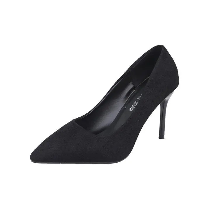 High Heels Women's New Women's Shoes Pointed Shallow Mouth Single Shoes Fine Heel Suede Black Fashion Shoes Women Large Size