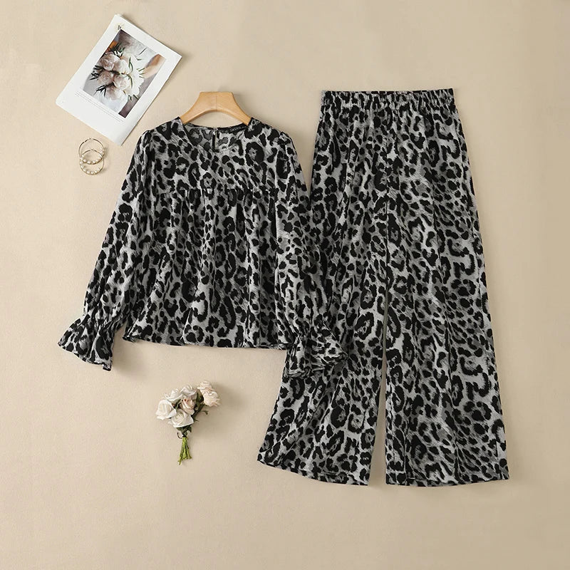 ZANZEA Women Muslim Sets Autumn Leopard Print Two Piece Outfit Ruffle Long Lantern Sleeve Blouse Elastic Waist Wide Leg Pants