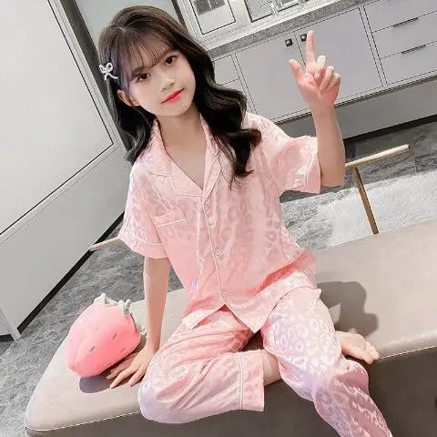 Girls Summer Ice Silk Pajamas Set Short Sleeve Princess Style Cooling Homewear for Kids