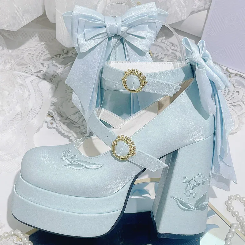 Elegant Satin Waterproof Lolita Mary Jane Shoes Women's Sweet Cute Girls Bow Paltform High Heel Ladies Pumps Platform Heels