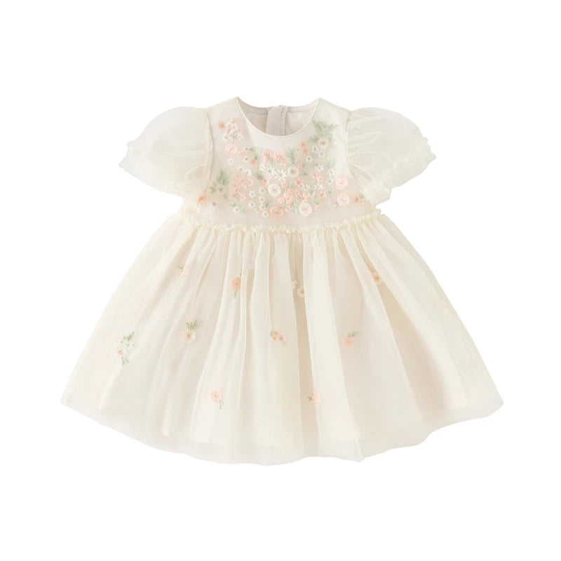 Dave Bella Children's Princess Dress for Girls 2025 New Summer Floral Puff Sleeves Mesh Charm Noble Cute Sweet Party DB2240549