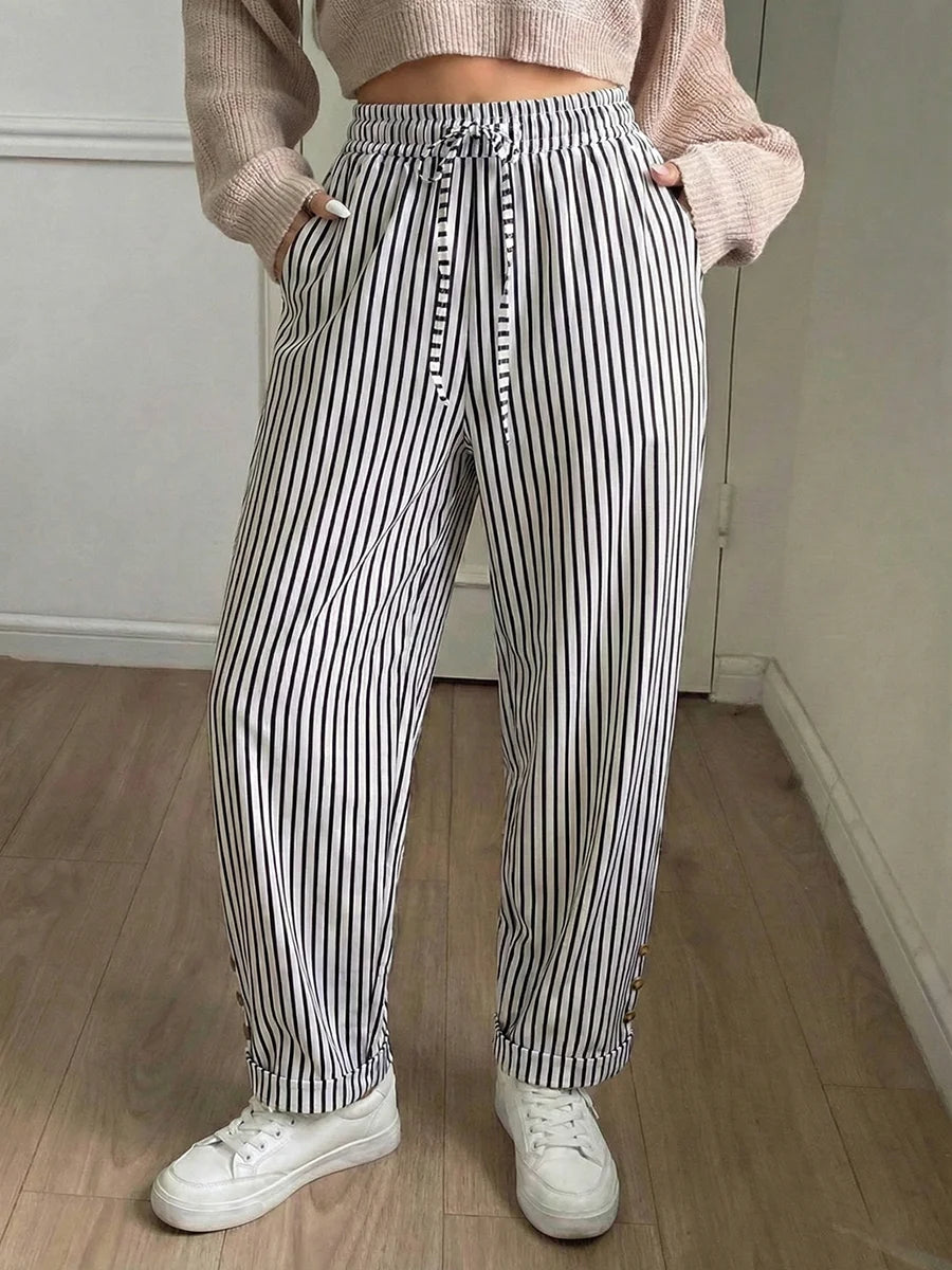 Women Plus Size High Waist Striped Pants Drawstring Casual Wide Leg Trousers Autumn Fashion Female Chill Streetwear Black White