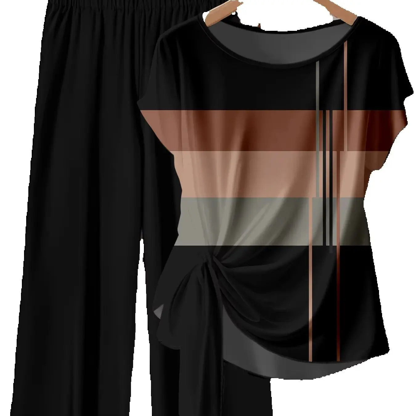 Summer casual women's plus size commuting color set, coffee striped twisted top+hanging black pants two-piece set