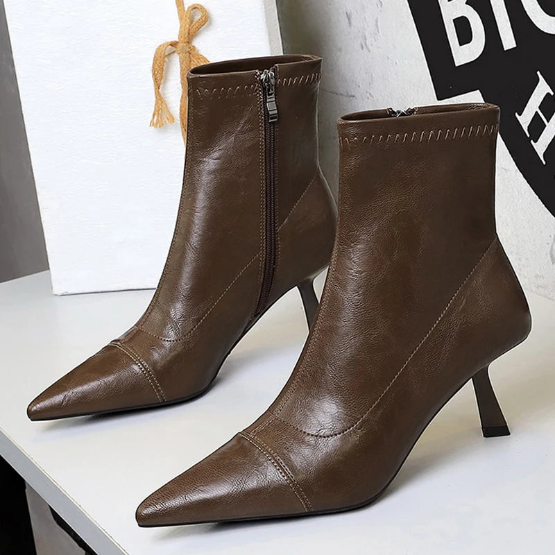 2026 Autumn Winter Shoes Leather Boots Women Shoes Side Zipper Ladies Ankle Boots Pointed High-Heeled Boots Stiletto Short Boots
