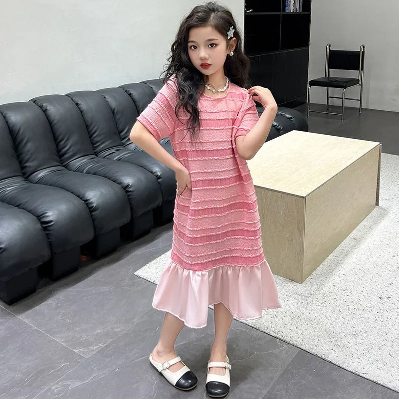 Summer Short-sleeved Fishtail Skirt Junior Girls' Clothing Korean Kids Clothes Year Old Dress 10 12 Years Frocks Girl 11 Beach 9